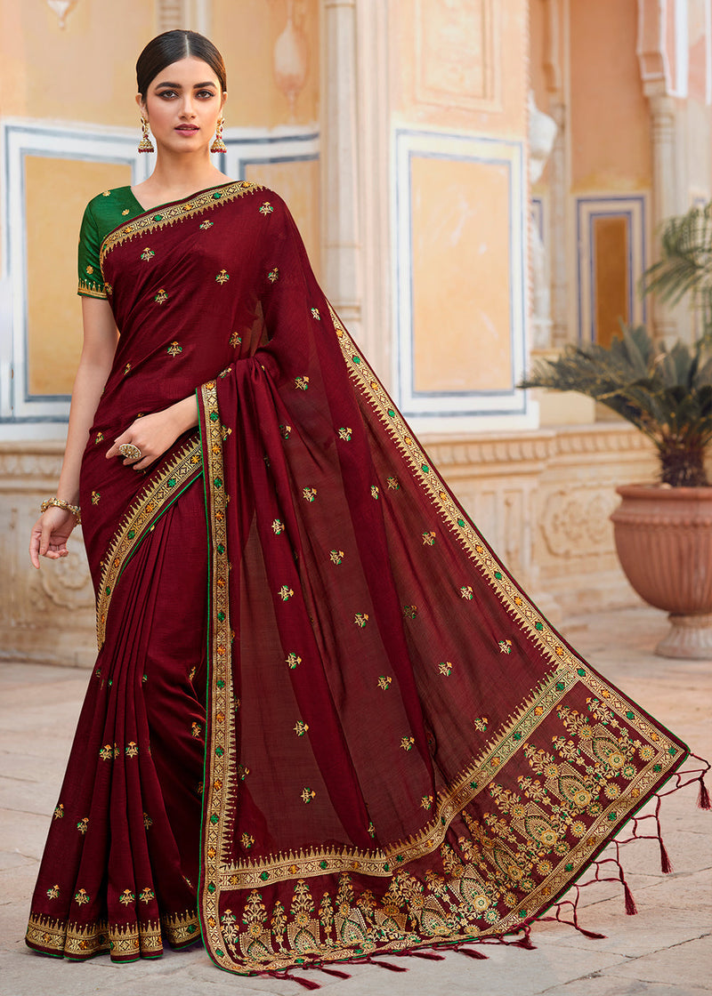 Heath Red Woven Banarasi Saree with Embroidery Work