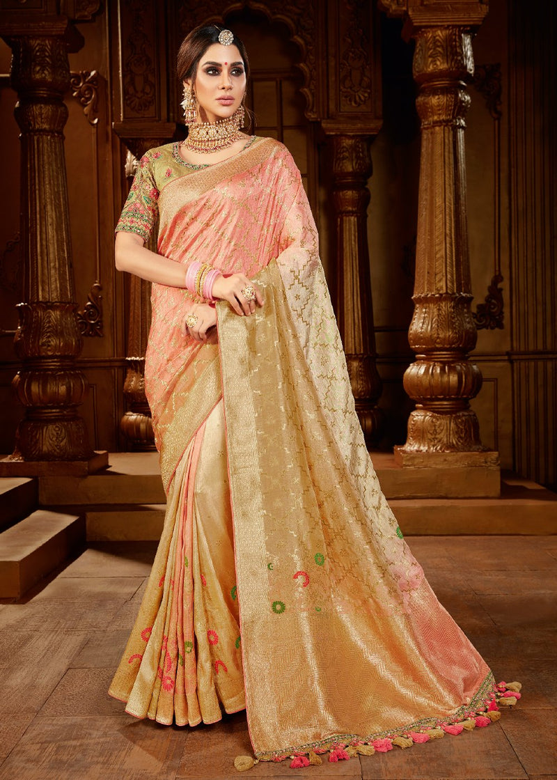 Twine Cream and Pink Handloom Woven Banarasi Saree