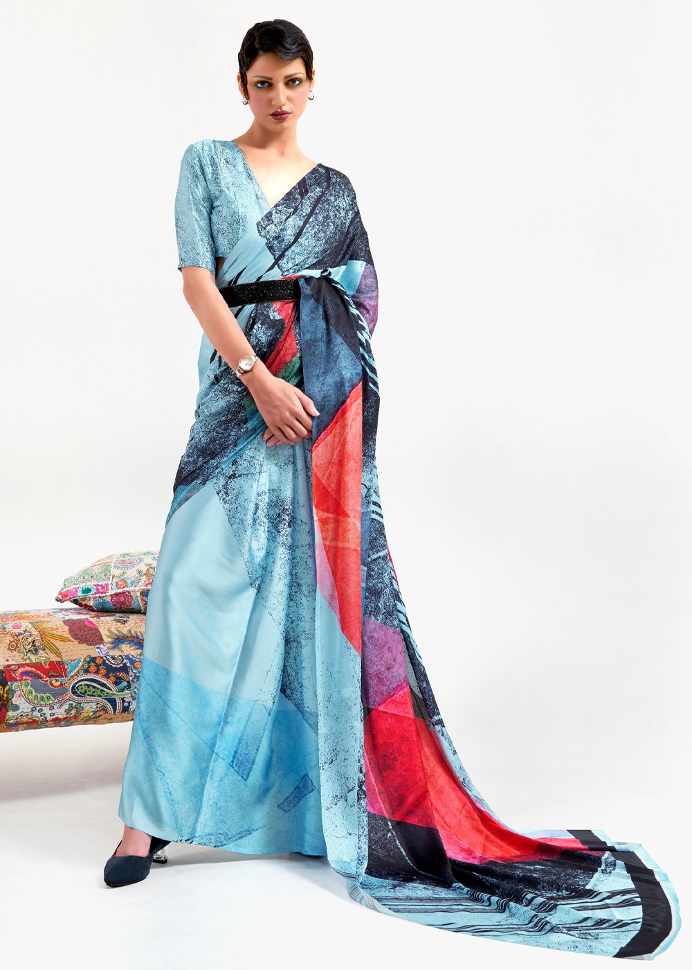 Buy MySilkLove Half Baked Blue Printed Satin Silk Saree Online