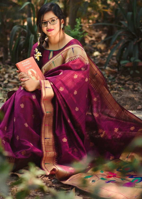 Solid Pink Purple Paithani Tussar Silk Saree