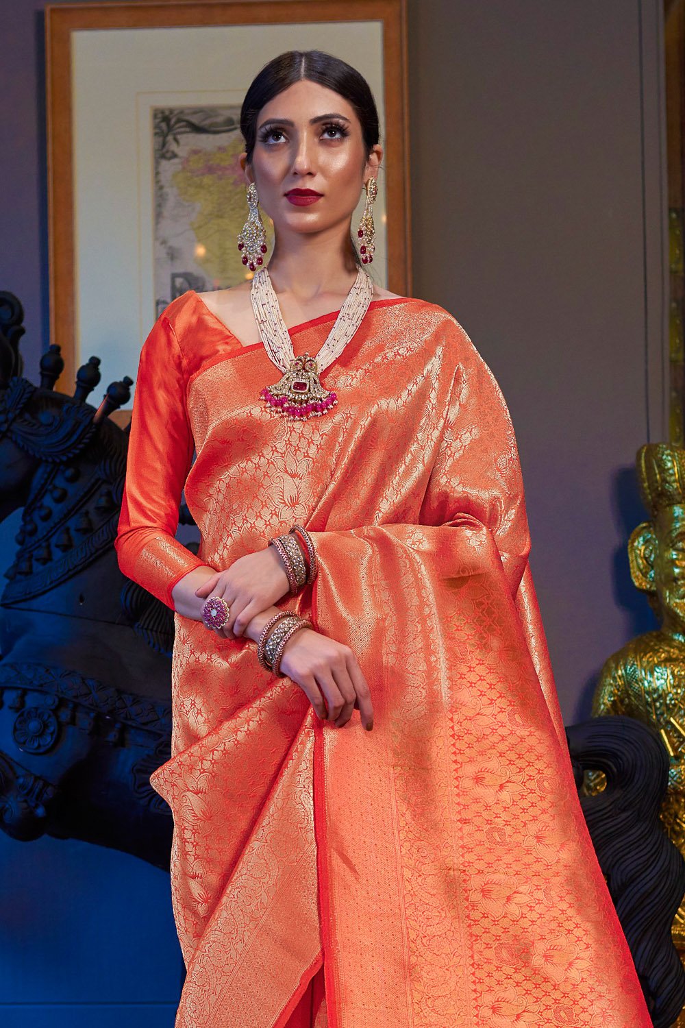 Buy MySilkLove Burnt Sienna Orange Woven Kanjivaram Saree Online