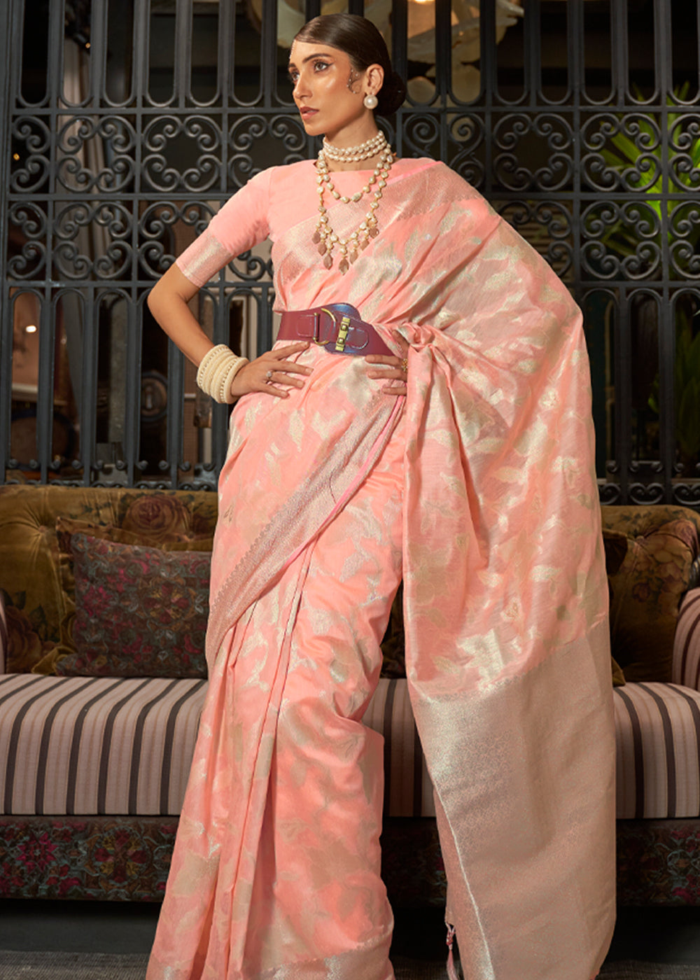 Buy MySilkLove Geraldine Peach Zari Woven Banarasi Silk Saree Online