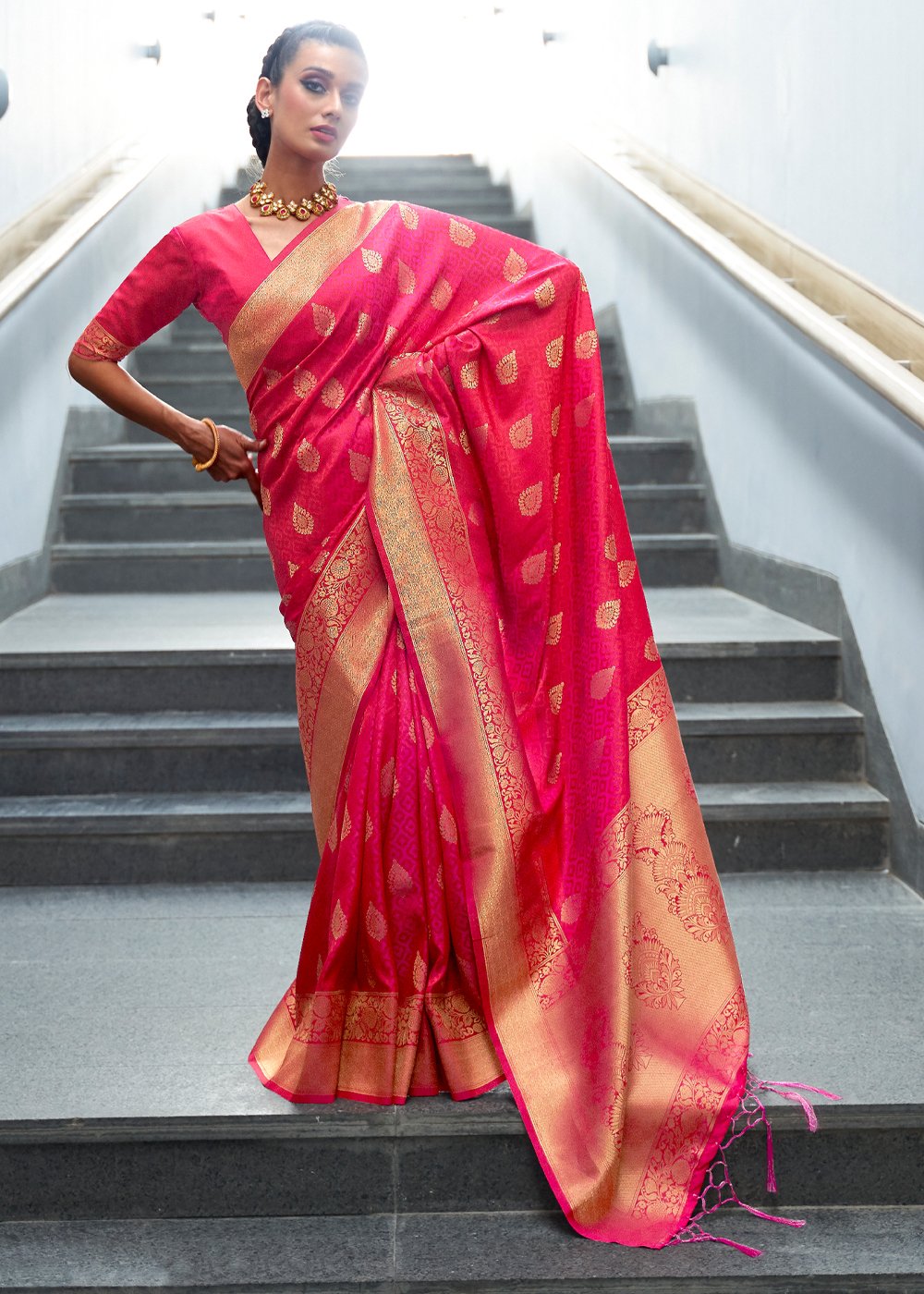 Buy MySilkLove Deep Rose Pearl  Zari Woven Banarasi Saree Online