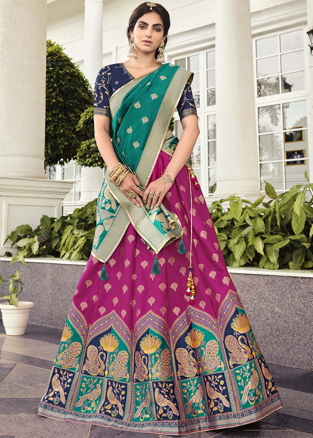 Buy MySilkLove Crown Of Thorns Pink and Green Banarasi Silk Lehenga Choli Online