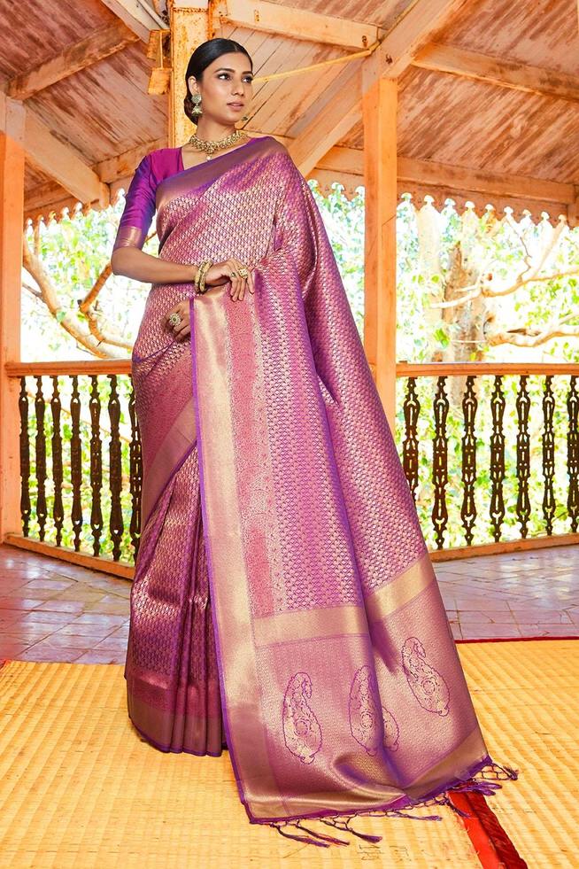 Buy MySilkLove Canary Purple Zari Woven Kanjivaram Silk Saree Online