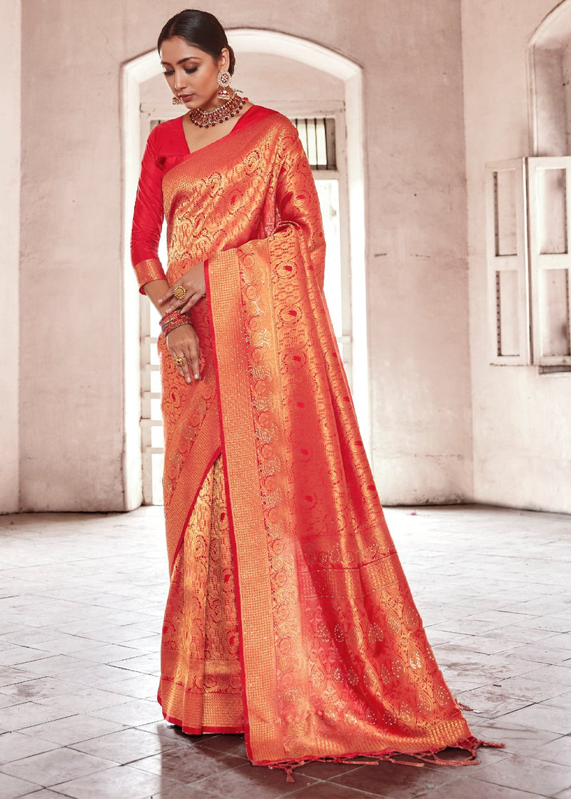 Salmon Pearl Orange Zari Woven Kanjivaram Saree
