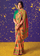 Jaffa Orange Printed Paithani Saree With Embroidered Blouse
