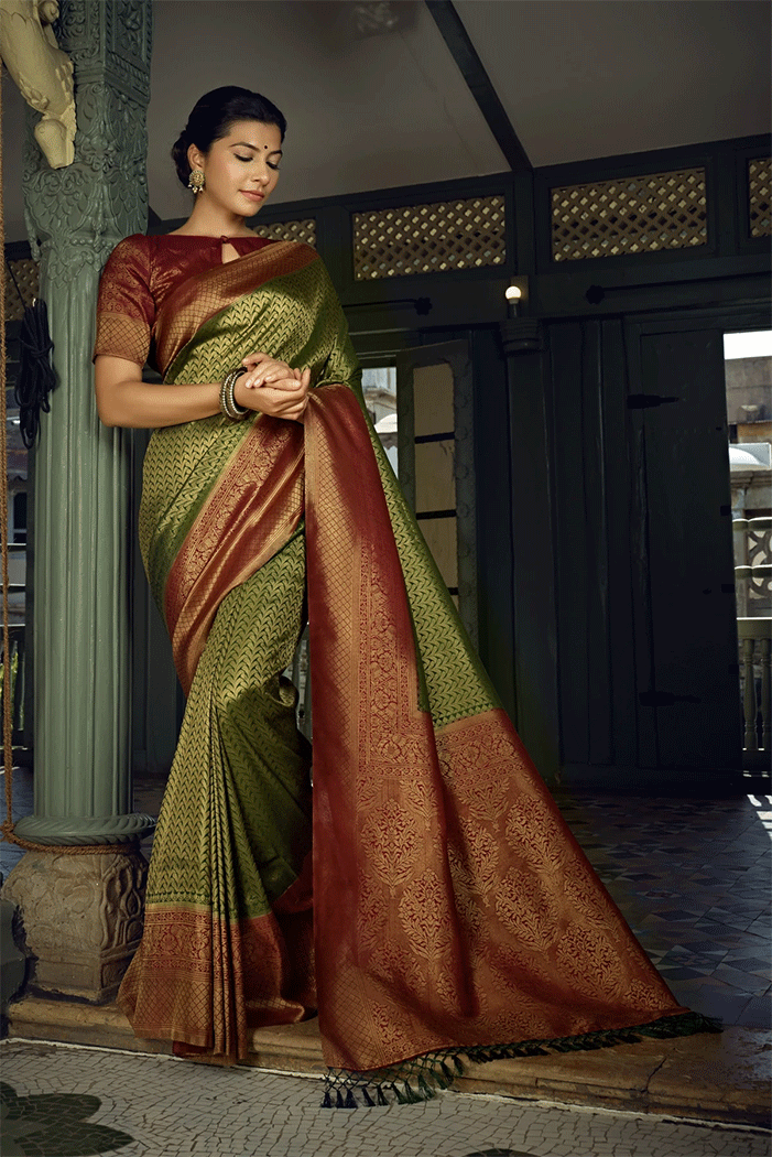 Buy online Green Self Design Kanjivaram Saree With Blouse from ethnic wear  for Women by Mukhita for ₹949 at 74% off | 2024 Limeroad.com