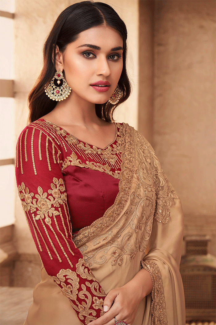Gold Sand Cream and Brown Designer Partywear Saree