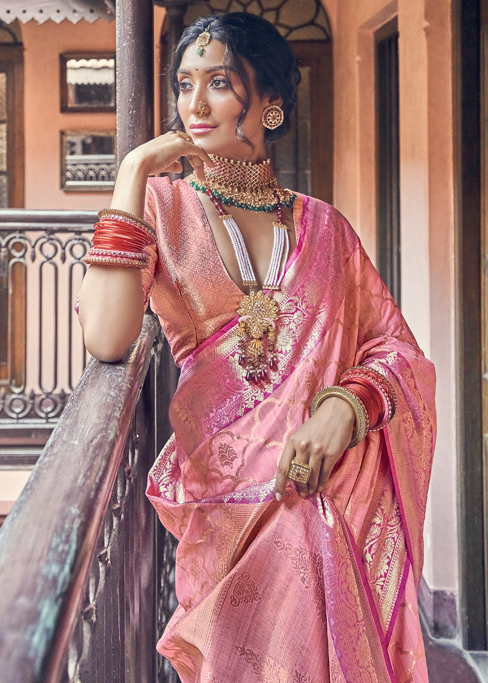 Buy MySilkLove Cosmos Pink Woven Banarasi Silk Saree Online