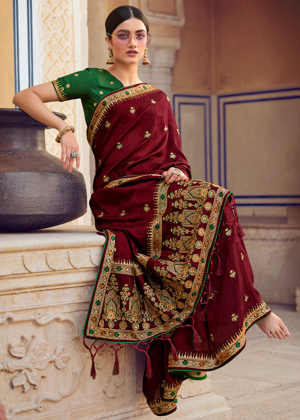 Buy MySilkLove Heath Red Woven Banarasi Saree with Embroidery Work Online