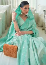 Riptide Blue Lucknowi Chikankari Woven Silk Saree