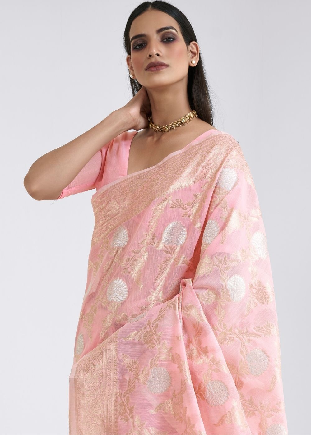 Buy MySilkLove Careys Pink Zari Woven Linen Saree Online