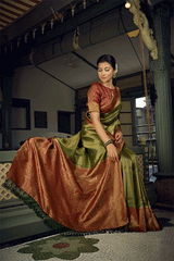 Costa Del Green and Red Zari Woven Kanjivaram Saree