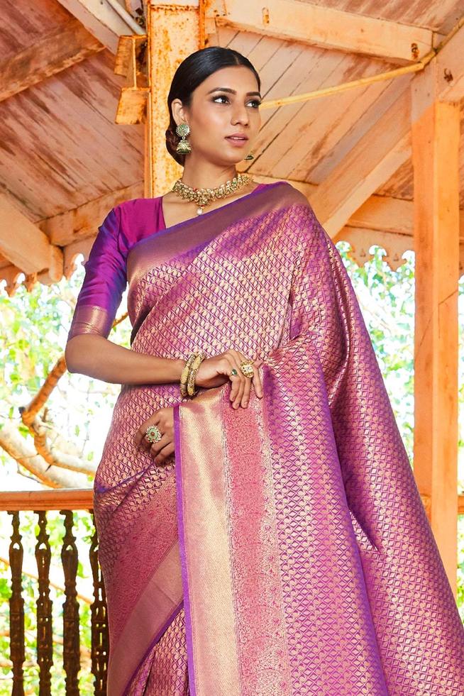 Buy MySilkLove Plum Purple Zari Woven Kanjivaram Silk Saree Online