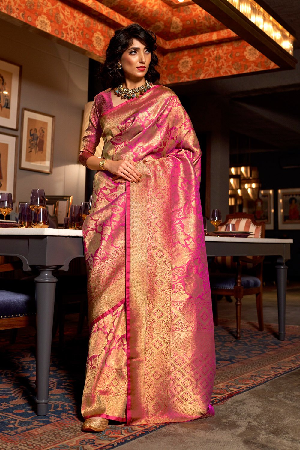 Buy MySilkLove Vin Rouge Pink woven Kanjivaram saree Online