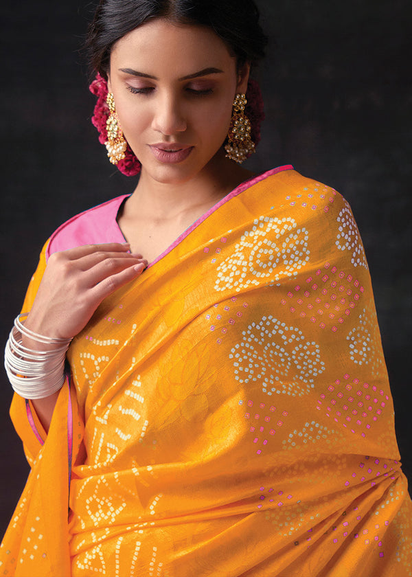 Fire Bush Yellow Bandhani Print Soft Silk Saree