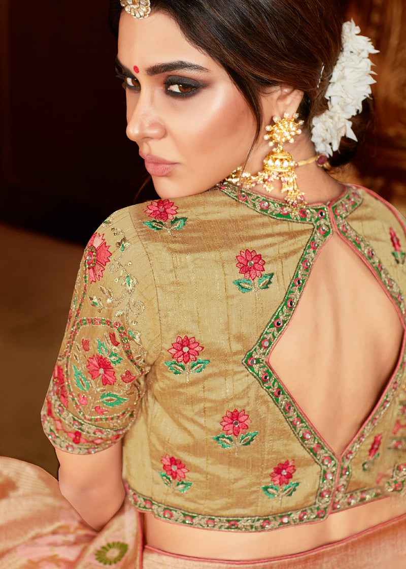 Twine Cream and Pink Handloom Woven Banarasi Saree