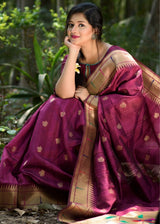Solid Pink Purple Paithani Tussar Silk Saree