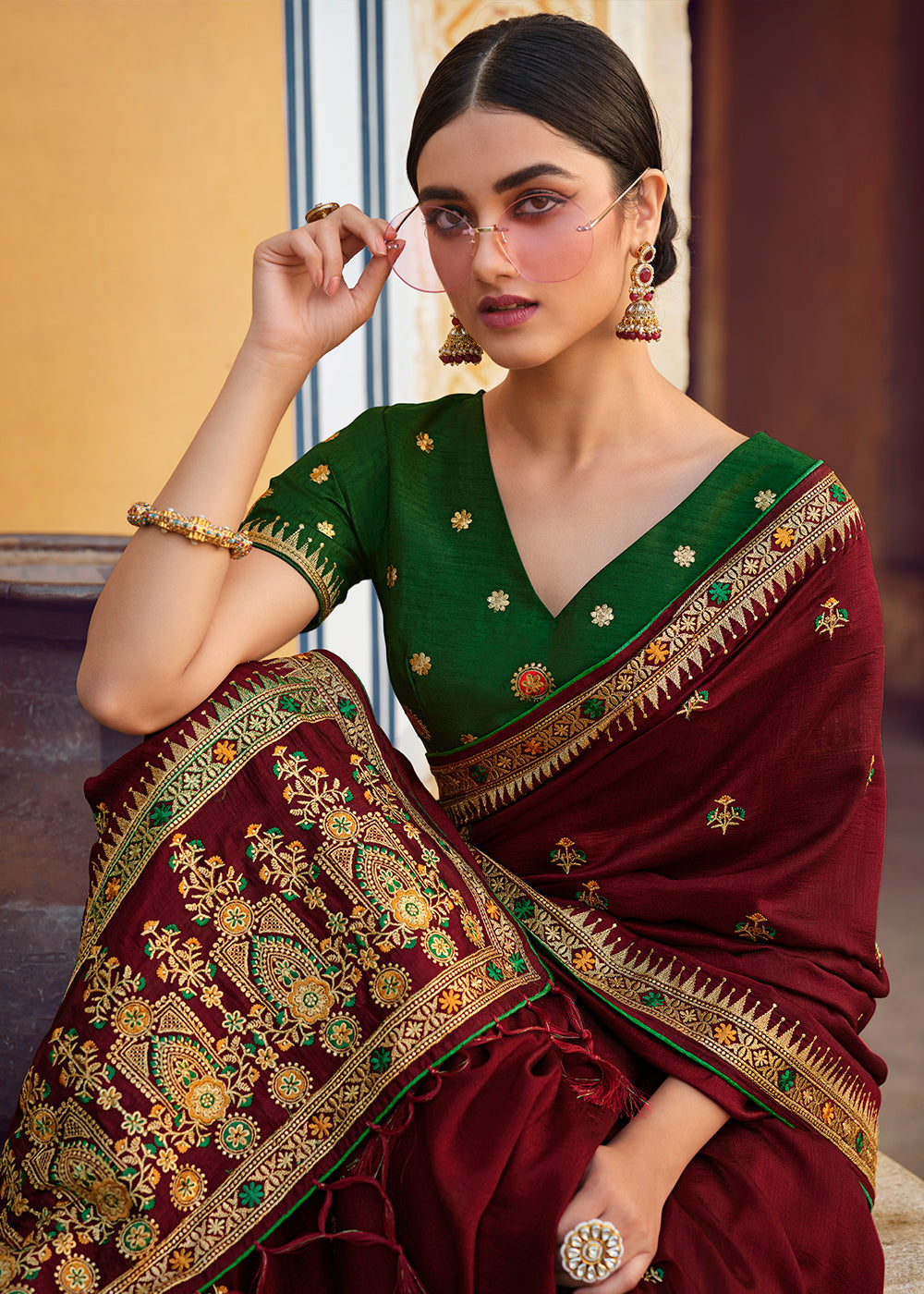 Buy MySilkLove Heath Red Woven Banarasi Saree with Embroidery Work Online