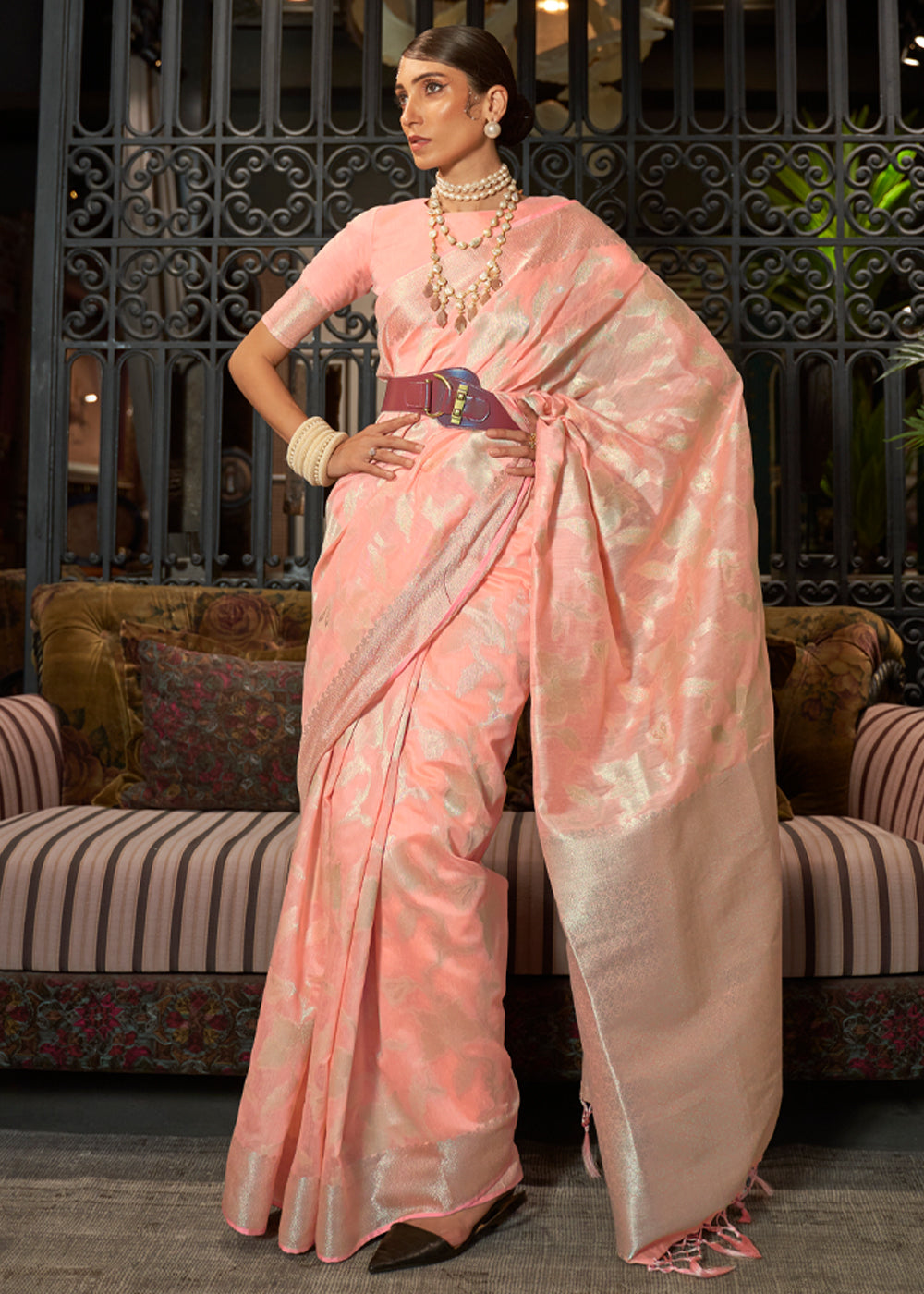 Buy MySilkLove Geraldine Peach Zari Woven Banarasi Silk Saree Online