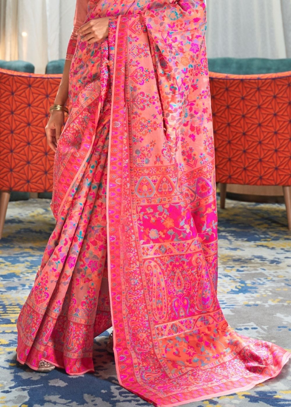 Mandy Pink Banarasi Jamawar Woven Silk Saree