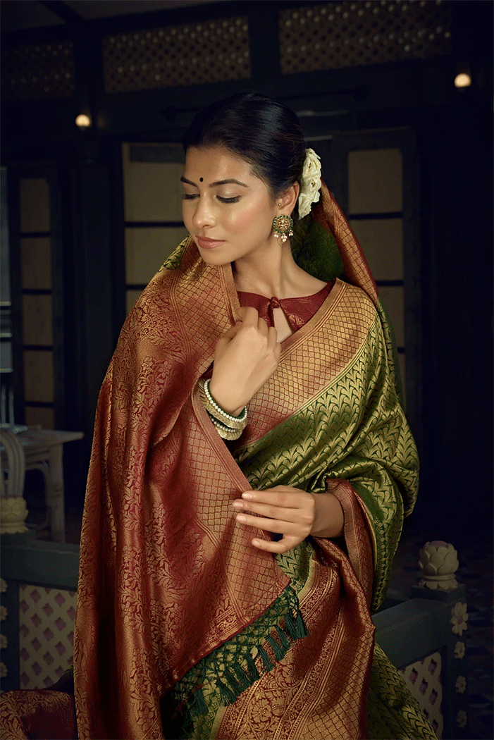 Costa Del Green and Red Zari Woven Kanjivaram Saree