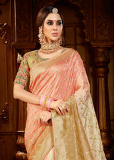 Twine Cream and Pink Handloom Woven Banarasi Saree