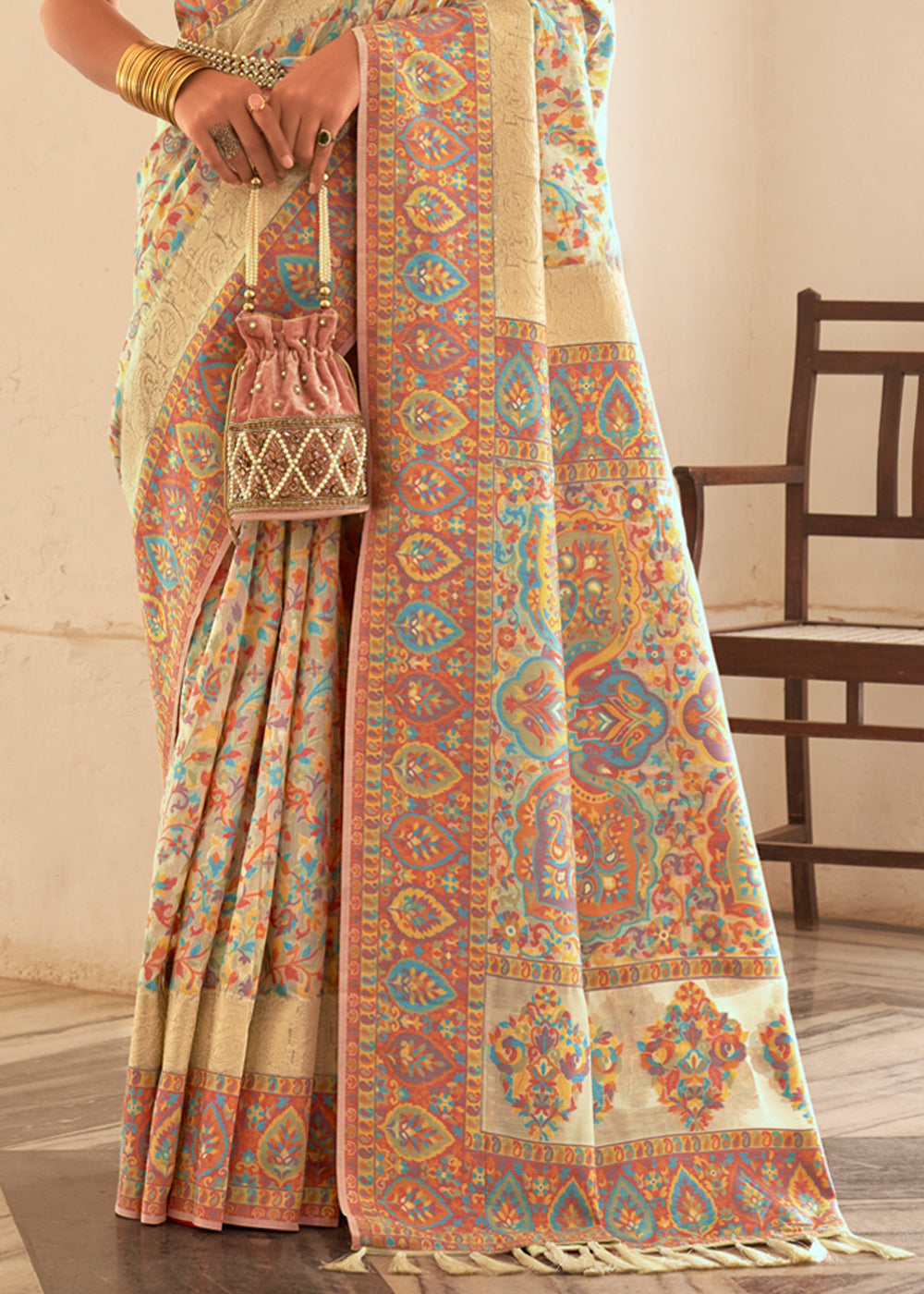 Buy MySilkLove Pest Cream Woven Banarasi Jamewar Kashmiri Silk Saree Online