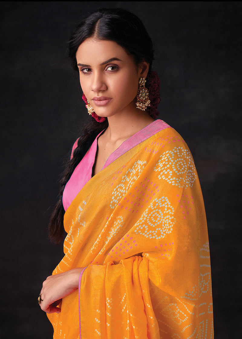 Fire Bush Yellow Bandhani Print Soft Silk Saree