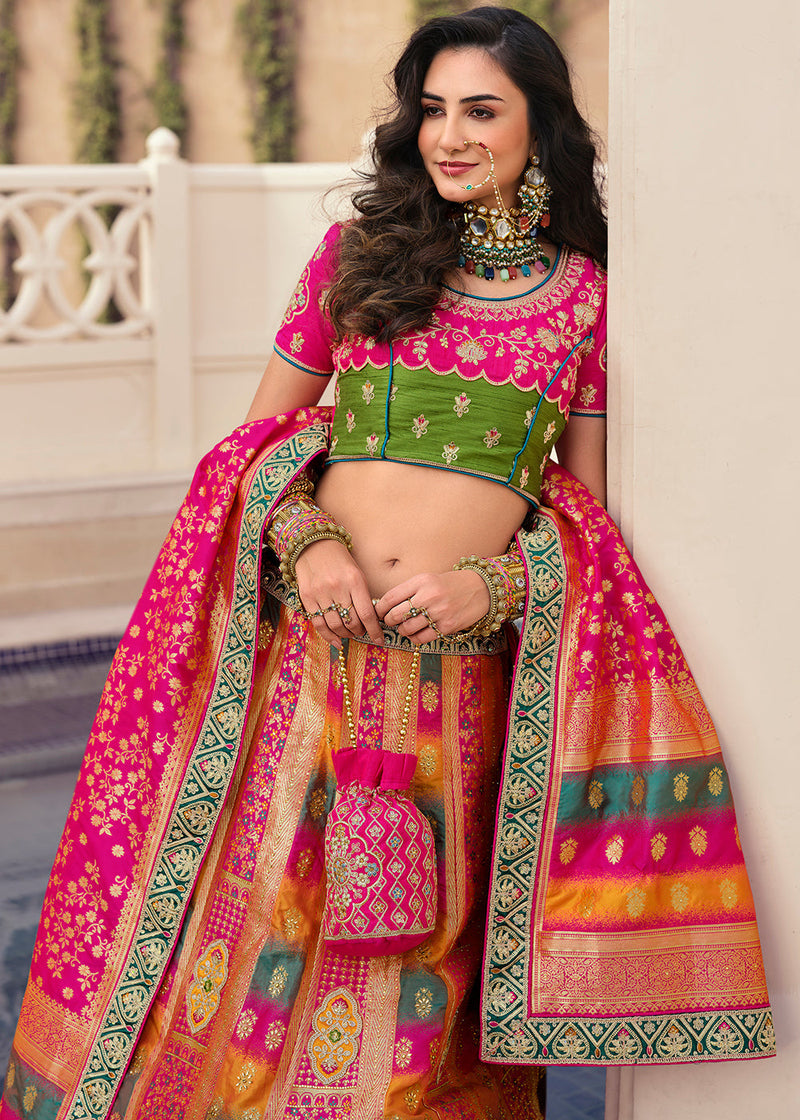 Buy Pastel Pink Lehenga With A Crop Top In Multi-Colored Resham Embroidery,  Crop Top Comes In Sleeveless With Scalloped Neckline