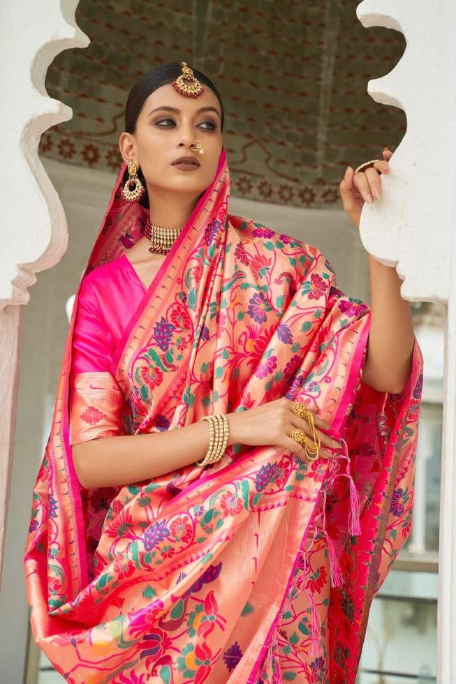 Pinkish Golden Red zari Woven Paithani Silk Saree