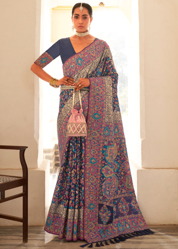 Rainy Blue Woven Banarasi Jamewar Kashmiri Silk Saree