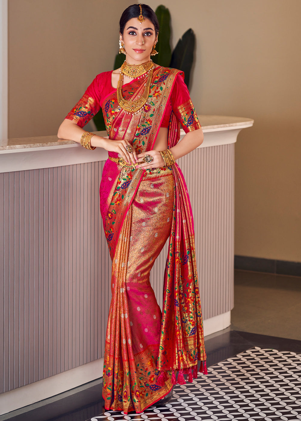 Buy MySilkLove Red Rose Pearl Woven Paithani Silk Saree Online