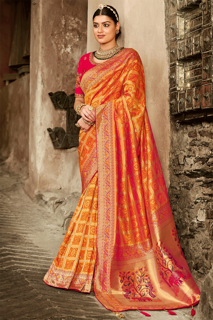 Zest Orange and Pink Zari Woven Banarasi Saree