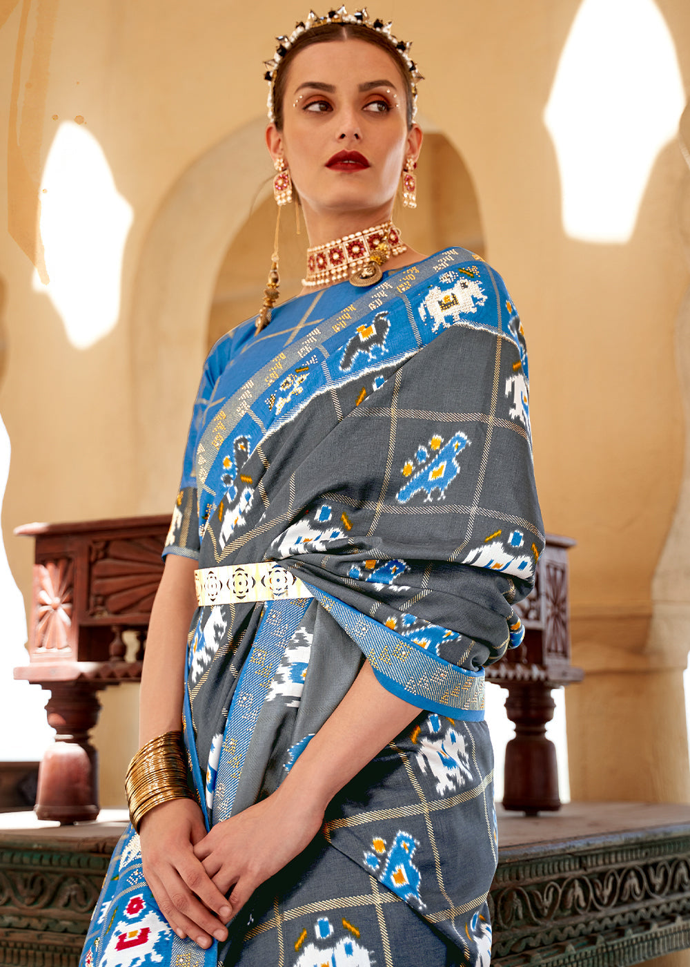 MySilkLove Abbey Grey and Blue Printed Patola Silk Saree
