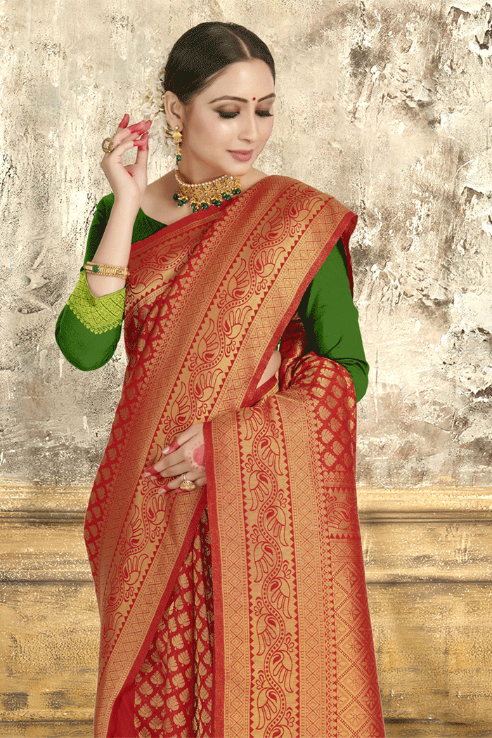 Buy MySilkLove Bridal Red Zari Woven Kanjivaram Silk Saree Online