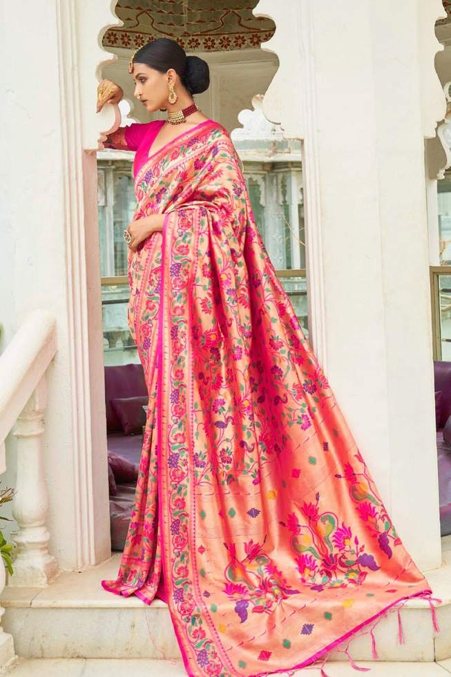 Buy MySilkLove Pinkish Golden Red zari Woven Paithani Silk Saree Online