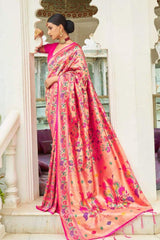 Pinkish Golden Red zari Woven Paithani Silk Saree
