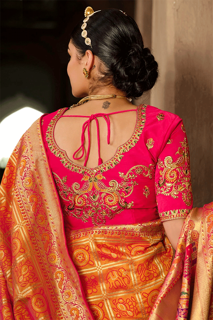 Zest Orange and Pink Zari Woven Banarasi Saree
