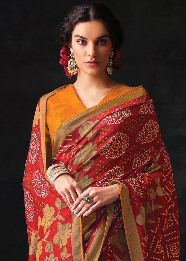 Punch Red Bandhani Print Soft Silk Saree