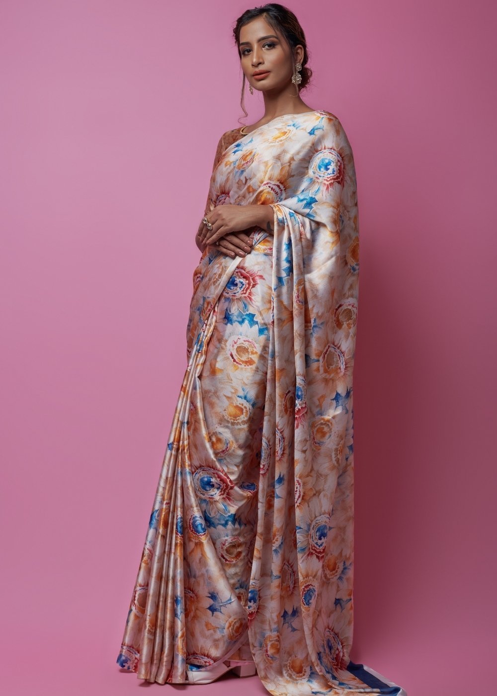 Buy MySilkLove Malta White Printed Satin Silk Saree Online