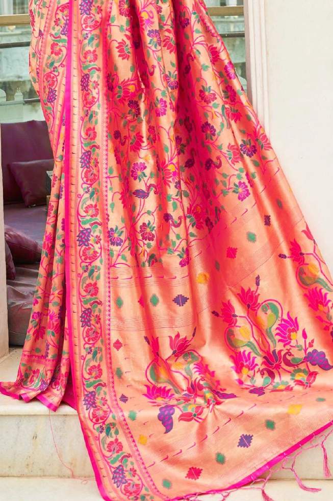 Pinkish Golden Red zari Woven Paithani Silk Saree