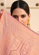 Wax Flower Pink Woven Organza Saree with Embroidery Work