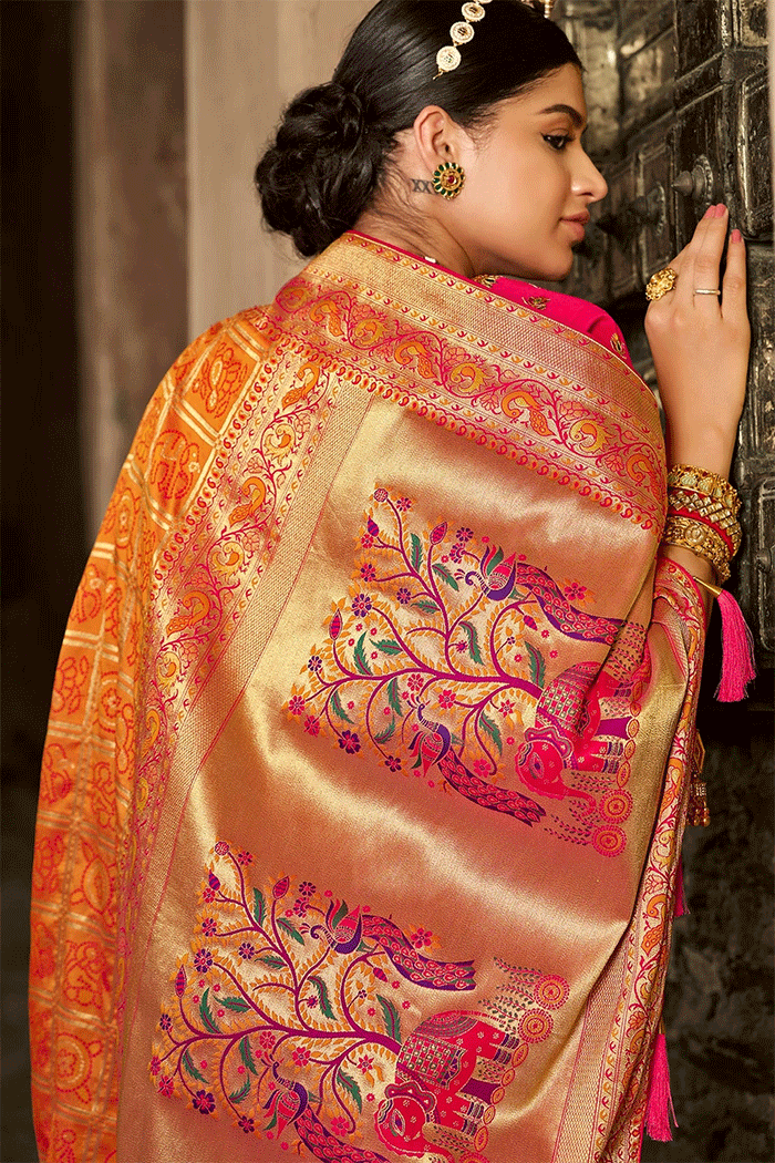 Zest Orange and Pink Zari Woven Banarasi Saree