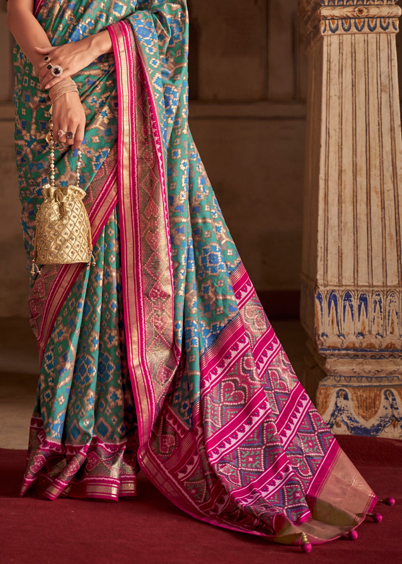 Cascade Blue and Pink Patola Silk Saree