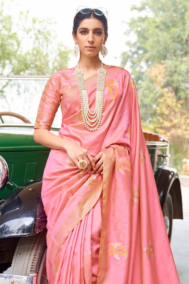 Buy MySilkLove My Pink Zari Woven Chanderi Banarasi saree Online