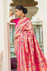 Pinkish Golden Red zari Woven Paithani Silk Saree