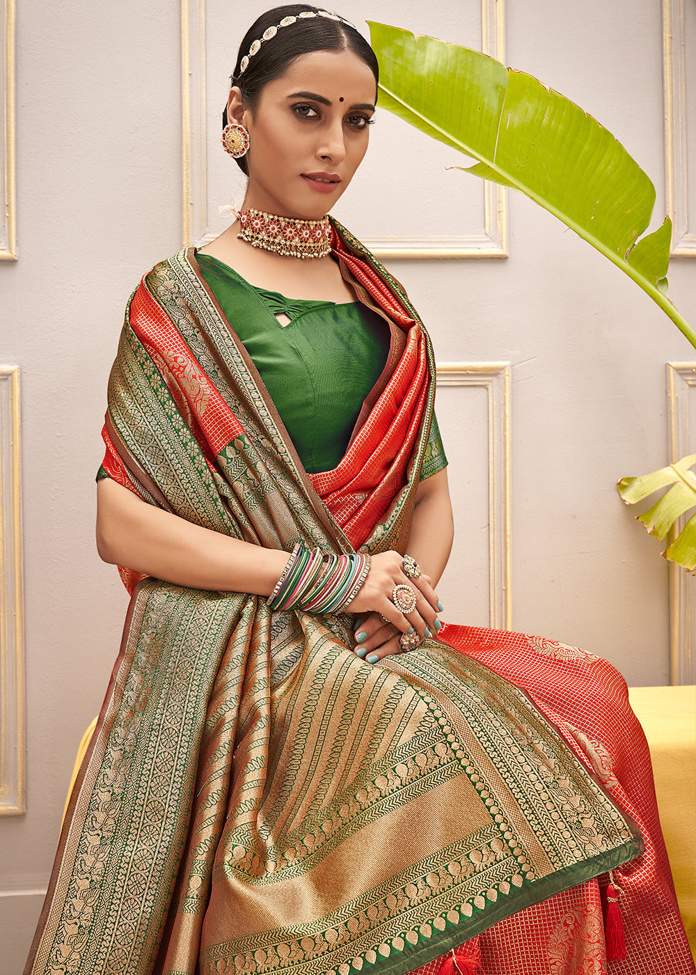 MySilkLove Jelly Orange and Green Zari Woven Banarasi Saree