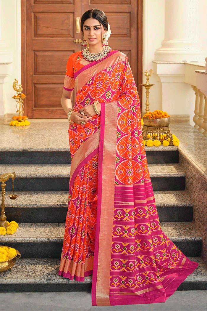 Buy MySilkLove Coral Orange and Pink Patola Silk Saree Online